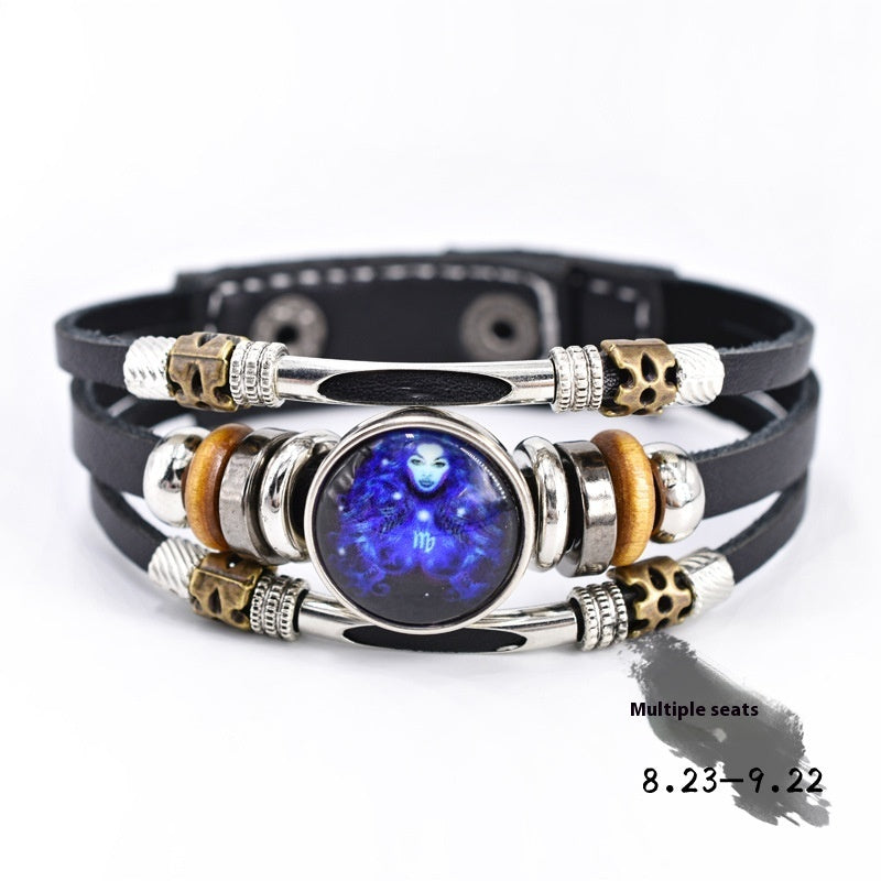 Woven Leather Bracelet With Three Layer Beads And Metal Accents Retro Ethnic Patterned Distressed Constellation