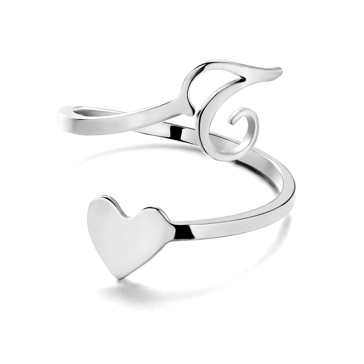 Womens Initial Letter Ring Adjustable Stainless Steel Heart Design 3D Open Heart Electroplated Fashionable Chic