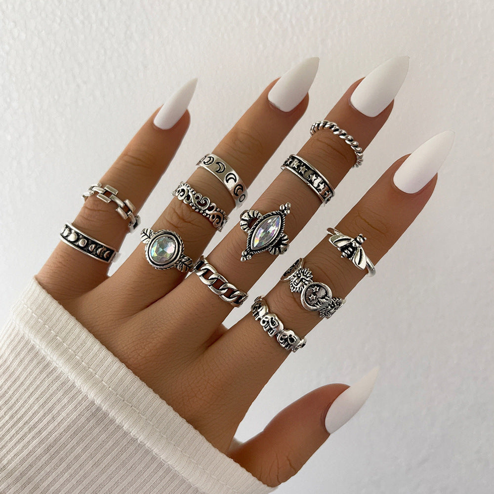 Womens Ring Set Twelve Piece Moon Embossed Lion Head Rings Alloy Metal Rings With Stars And Moon Design European Moon