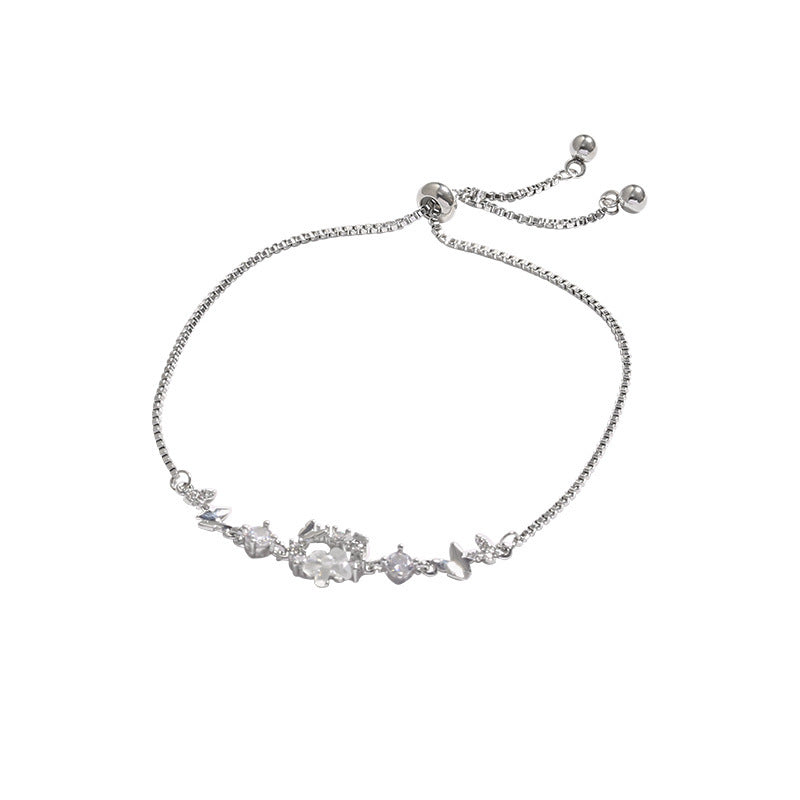 Womens Pearl Bracelet Electroplated Double Crystal Flower Copper Bangle Minimalist Jewelry Gold Silver Elegant