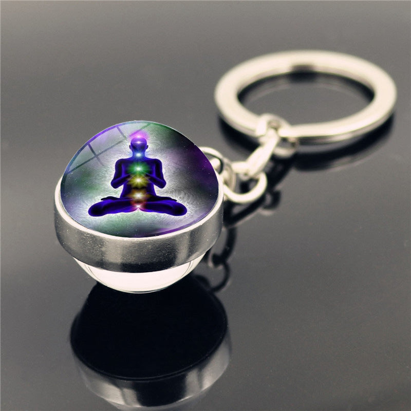 Yoga Keychain Double Sided Glass Ball Pendant Silver Plated Alloy Car Key Ring Bag Charm Decoration Gift Decor