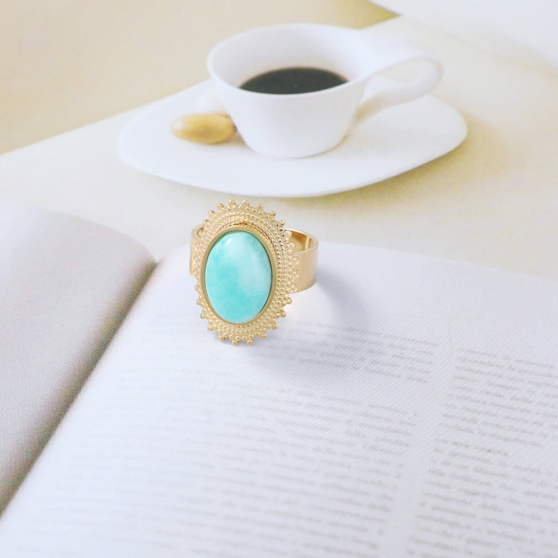 European And American Retro Female Light Luxury Temperament Turquoise Hollow Ring