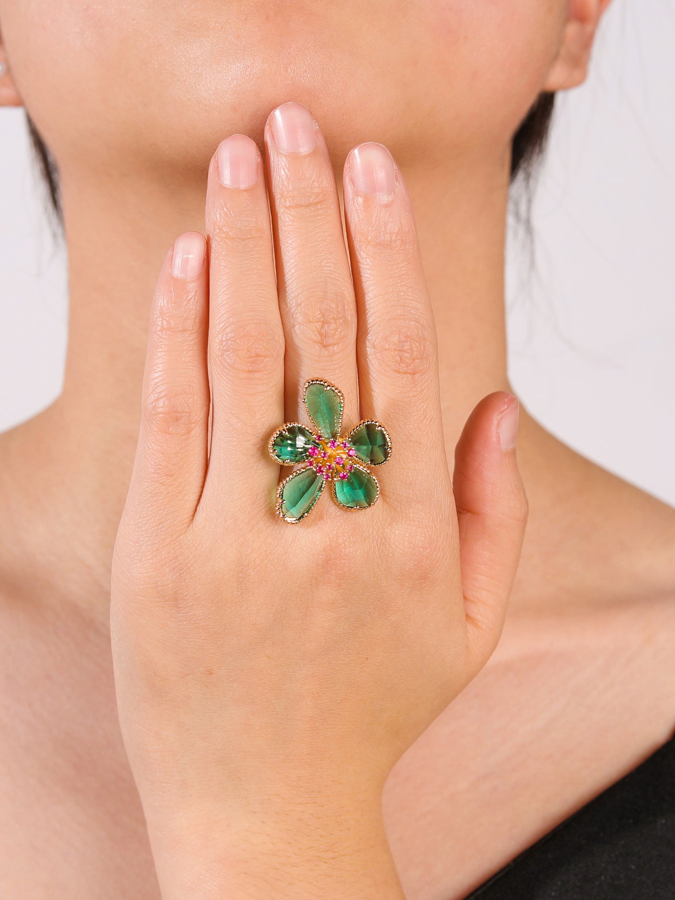 Green Flower Open Adjustable Copper Zircon Ring Geometric Fashion Jewelry For Women Gift For Everyday Wear Now