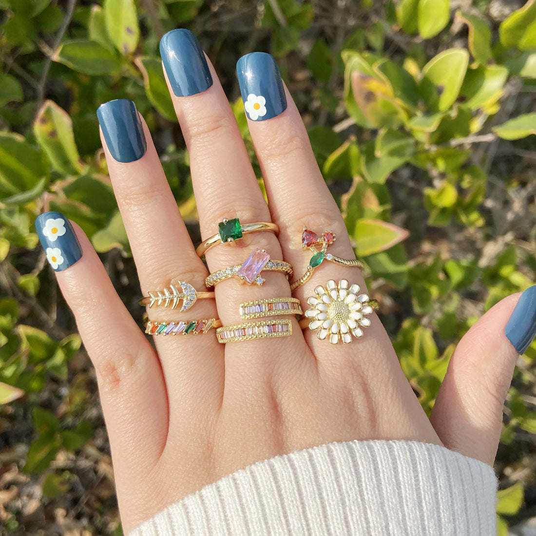 Women Adjustable Copper Ring With Zircon Daisy And Cherry Design Electroplated Jewelry Gift For Her Girls Charm