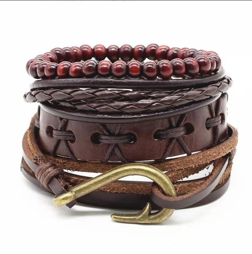 Mens Leather Braided Bracelet European Design Alloy Inlaid Gemstones Retro Geometric Accessory Woven Wristband