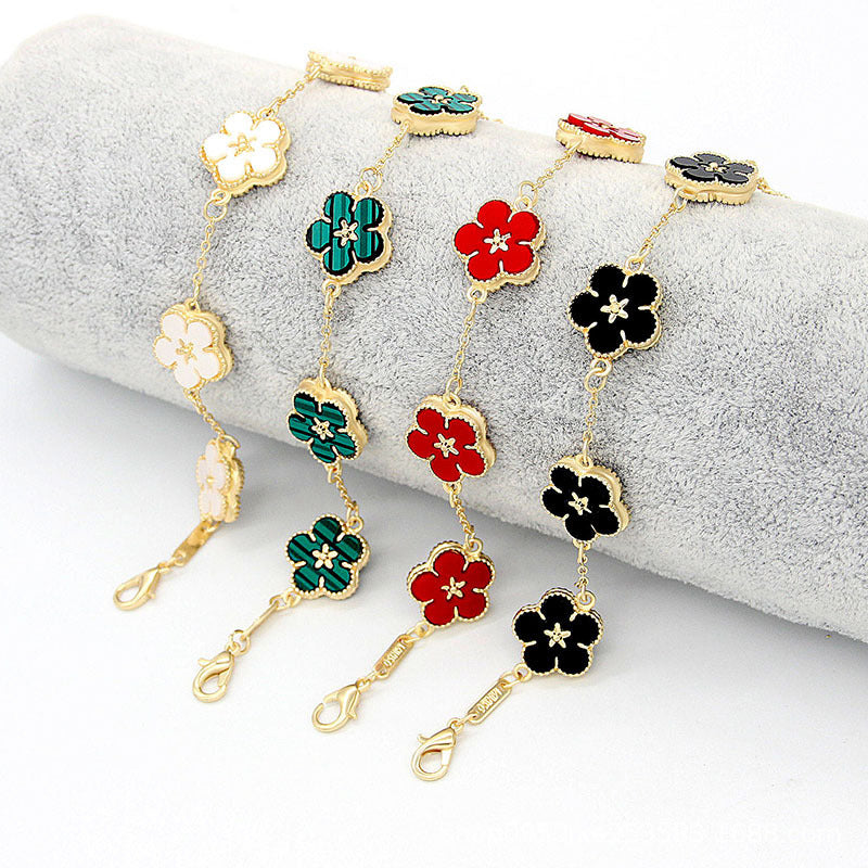 Womens Floral Double Sided Plum Blossom Alloy Bracelet Electroplated Flower With Extender Chain Crystal Detail