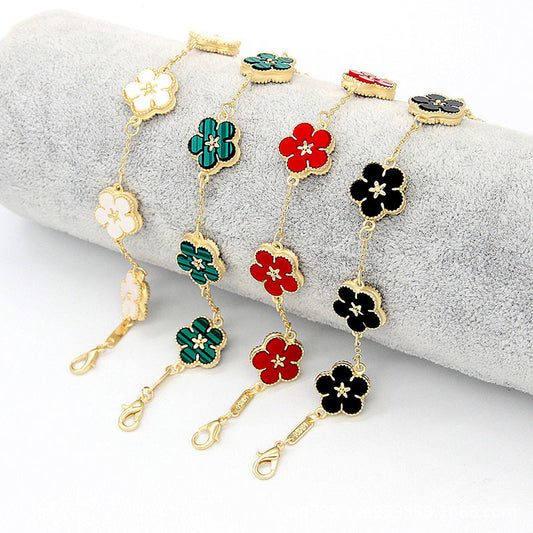 Womens Floral Double Sided Plum Blossom Alloy Bracelet Electroplated Flower With Extender Chain Crystal Detail