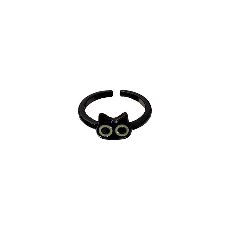 Women's Open Ring Featuring Cute Animal Design Adjustable Alloy Ring With Black Kitty Cat And Cartoon Rabbit Cute