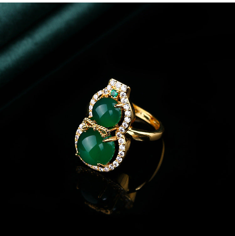 Women's National Fashion Ancient Costume Cheongsam Retro Natural Chalcedony Agate Gourd Ring