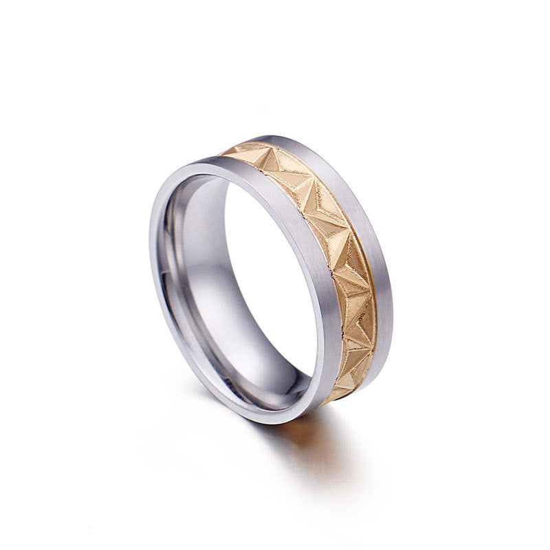 Unisex Titanium Steel Ring Embossed Electroplating Two Color Gold Pattern Geometric Statement Ring Jewelry Band