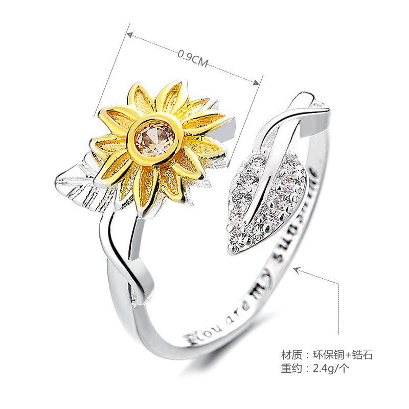 Two Tone Gold Silver Sunflower Ring Adjustable Flower Finger Ring For Women Fashion Jewelry Accessory Gift Box