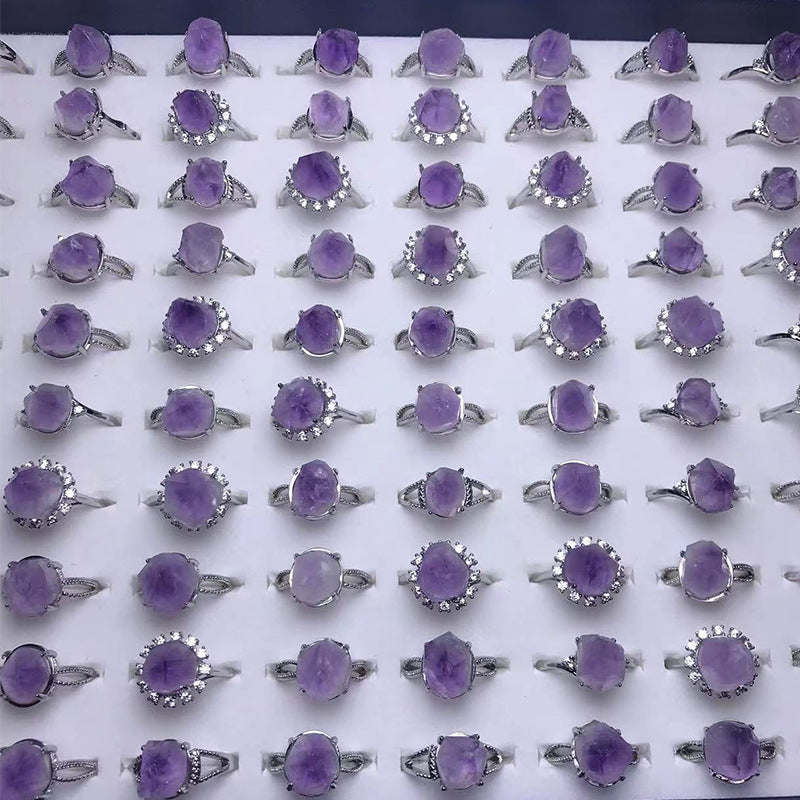 Amethyst Ring Adjustable White Copper Inlaid Crystal Geometric Design For Women Jewelry Elegant Crystal Detail