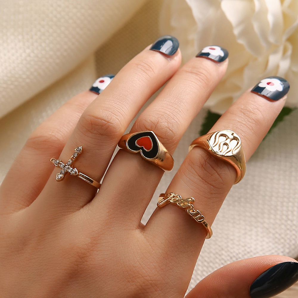 Unisex Ring Set Two Tone Electroplated Alloy Korean Geometric Rings Inlaid Artificial Gems Fashion Jewelry Set