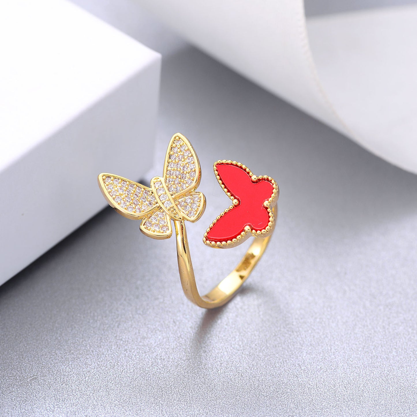 Butterfly Ring Copper With Black And Red Zircon Inlaid Korean Style Butterfly Ring Individually Packed Limited