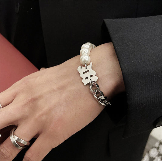 Womens Titanium Steel Pearl Letter Bracelet Geometric Design Jewelry Durable 18cm Fashionable Bracelet and Stylish