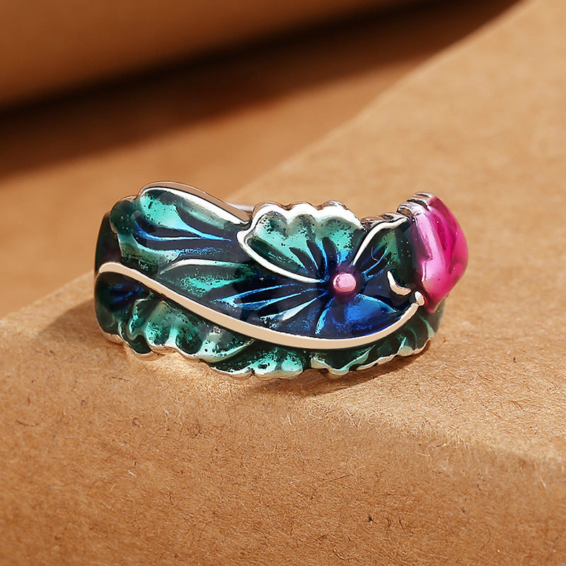 Vintage Thai Silver Cloisonne Lotus Ring Six Words Mantra Ethnic Style Adjustable Copper Flower Jewelry Gifts