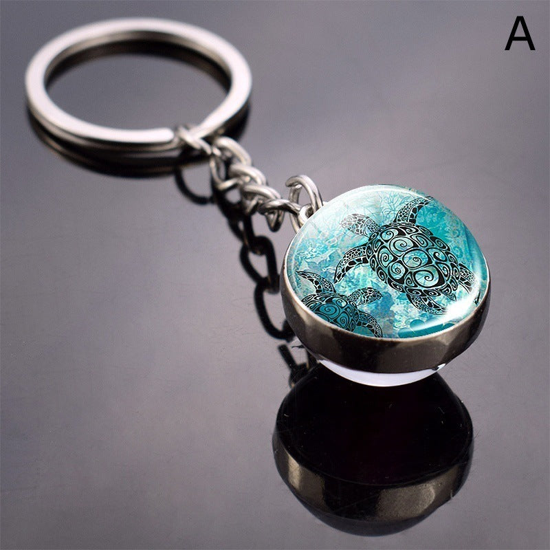 Double Sided Glass Ball Key Ring With Turtle Charm Time Gem