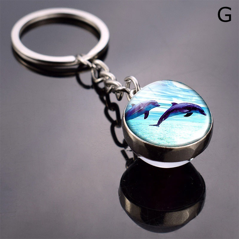 Double Sided Glass Ball Key Ring With Turtle Charm Time Gem