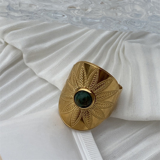 Gold Titanium Steel Ring With Turquoise Inlay Geometric Laser Flower Opening Adjustable Fashion Jewelry Elegant Trend