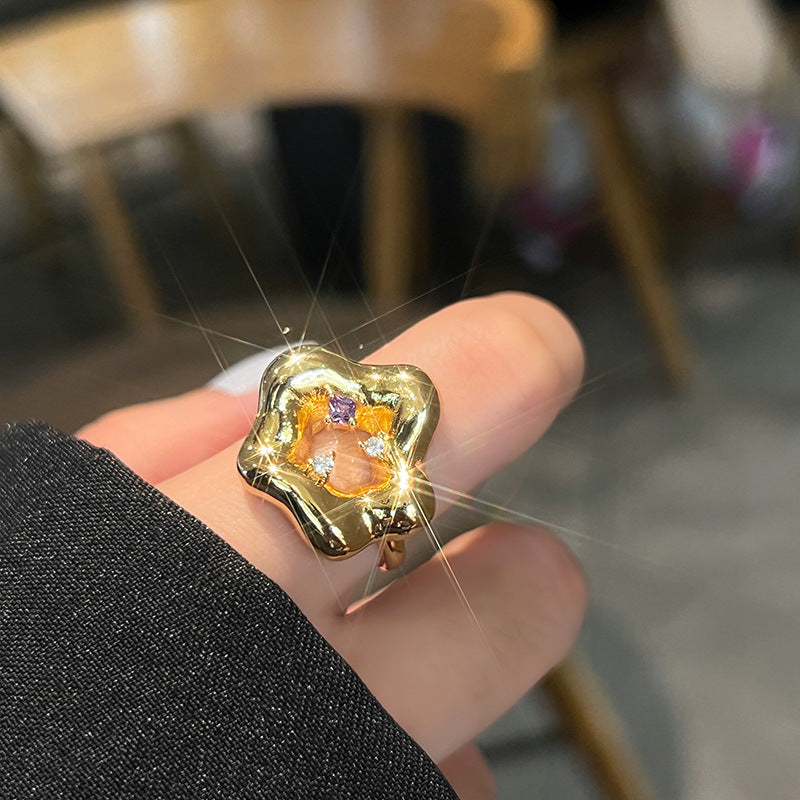 Womens Adjustable Silver Plated Five Pointed Star Ring Geometric Design Diamond Studded Fashion Ring Elegant Accessory