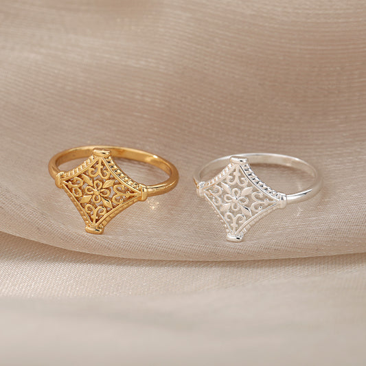 Unisex Gold Plated Copper Ring Diamond Shaped Hollow Floral Design Stars Zircon Moons Zircon Index Finger Ring