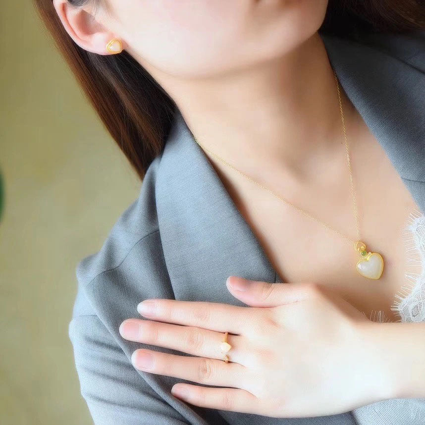 Women's Heart Ring Adjustable Opening Copper Electroplated Ring with Jade Stone Minimalist Design Open Ring for Her Animal Zodiac Ring National Fashion