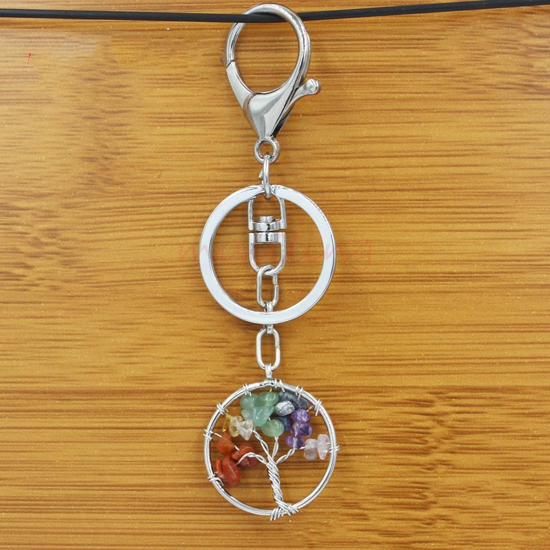 Crystal Tree of Life Amethyst Keychain Pendant Electroplated Round Charm for Handbags and Backpacks Decoration