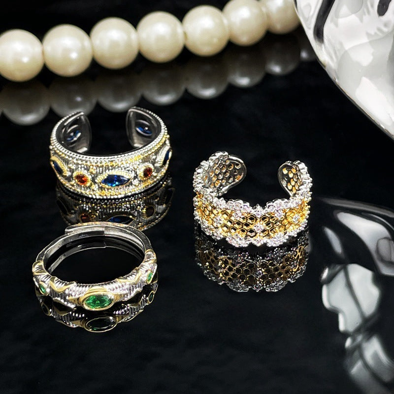 Women Retro Geometric Copper Ring With Zircon Inlaid Hollow Opening Design Fashion Jewelry Gift For Her Copper