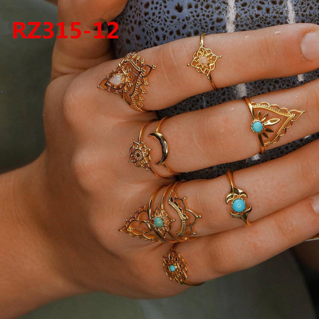 Womens Bohemian Ring Set Geometric Inlaid Gemstones Alloy Electroplated European Style Rings Jewelry Set Gifts