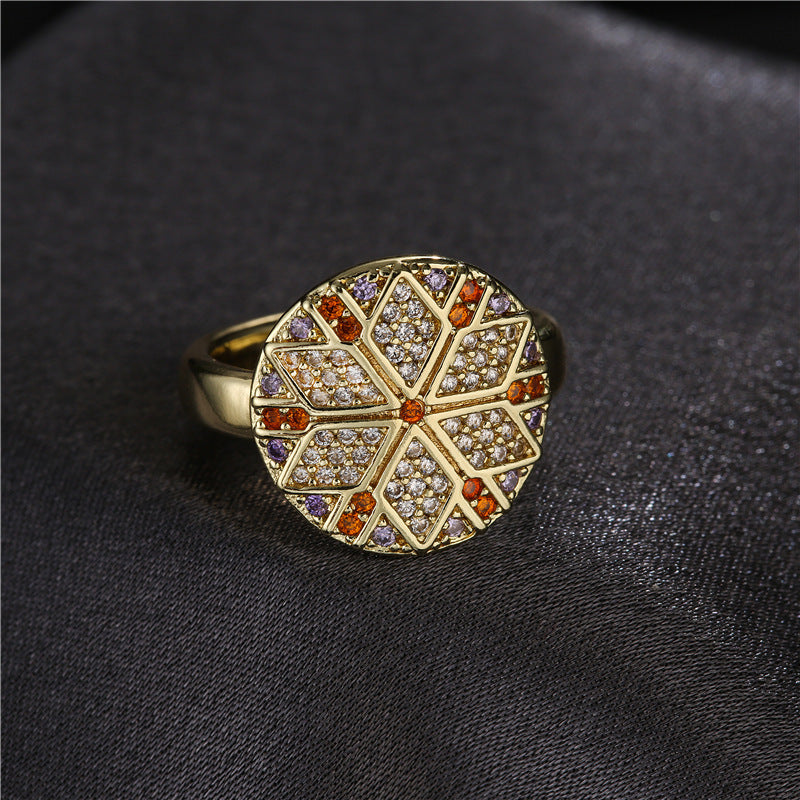 Retro Astrolabe Shaped Womens Micro Inlaid Zircon Ring Copper Electroplated Jewelry Accessory Silver Tone Ring