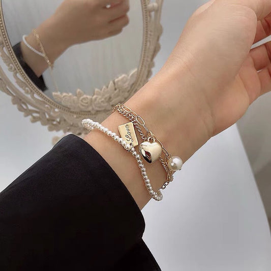 Gold Plated Pearl Bracelet Korean Love Letter Design Layered Geometric Pattern Alloy Bangle Jewelry Daily Wear
