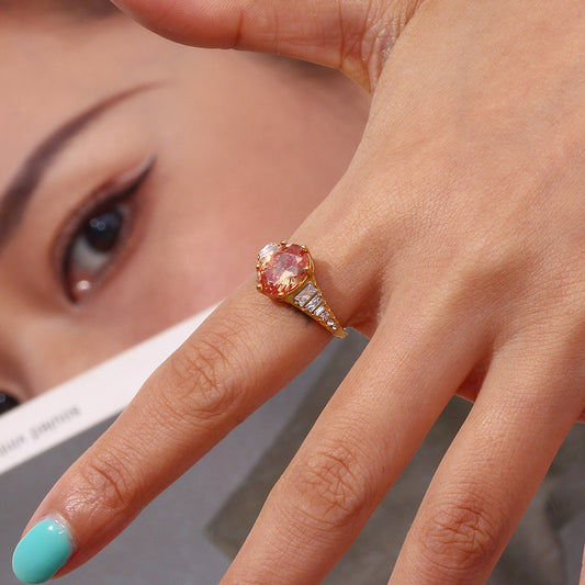 Women Stainless Steel Ring Adjustable Opening Oval Zircon Gemstone Simple Luxury Dark Champagne White Diamonds