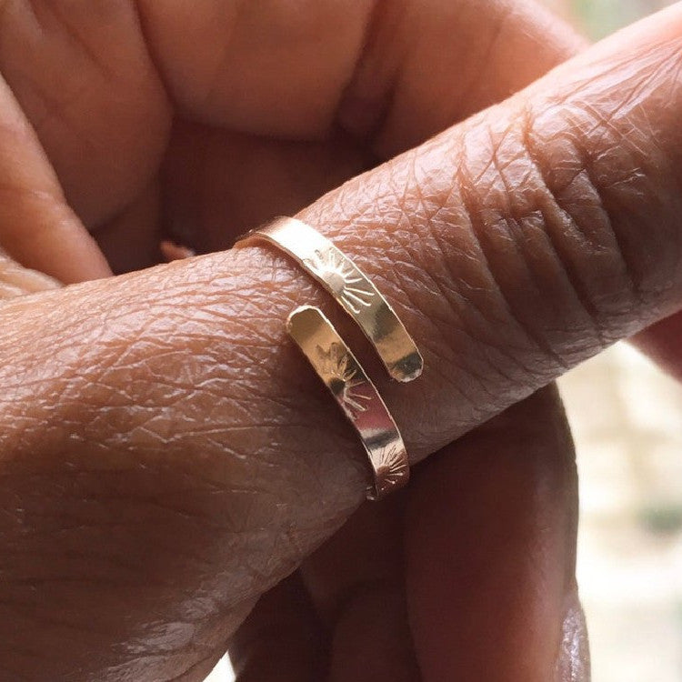 Womens Adjustable Ring Geometric Sun Pattern Alloy Ring With Electroplated Gold Finish Han Style Statement Jewelry