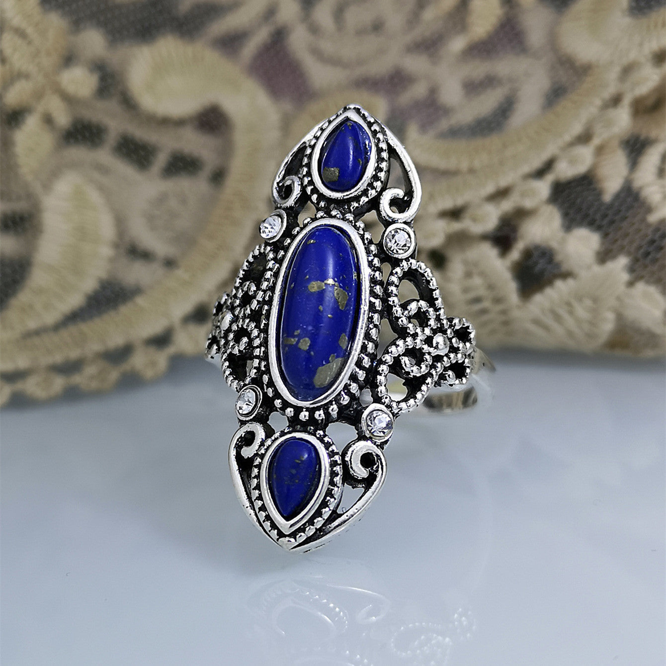 Silver Openwork Turquoise And Lapis Lazuli Rings Vintage Carved Geometric Design For Ladies Everyday Accessory