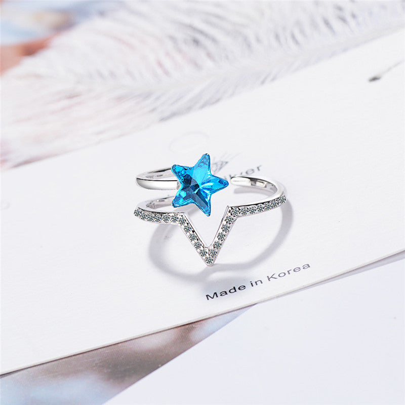 Blue Crystal Star Ring Copper Band All Match Korean Inspired Japanese Style Trendy Elegant Jewelry Accessory