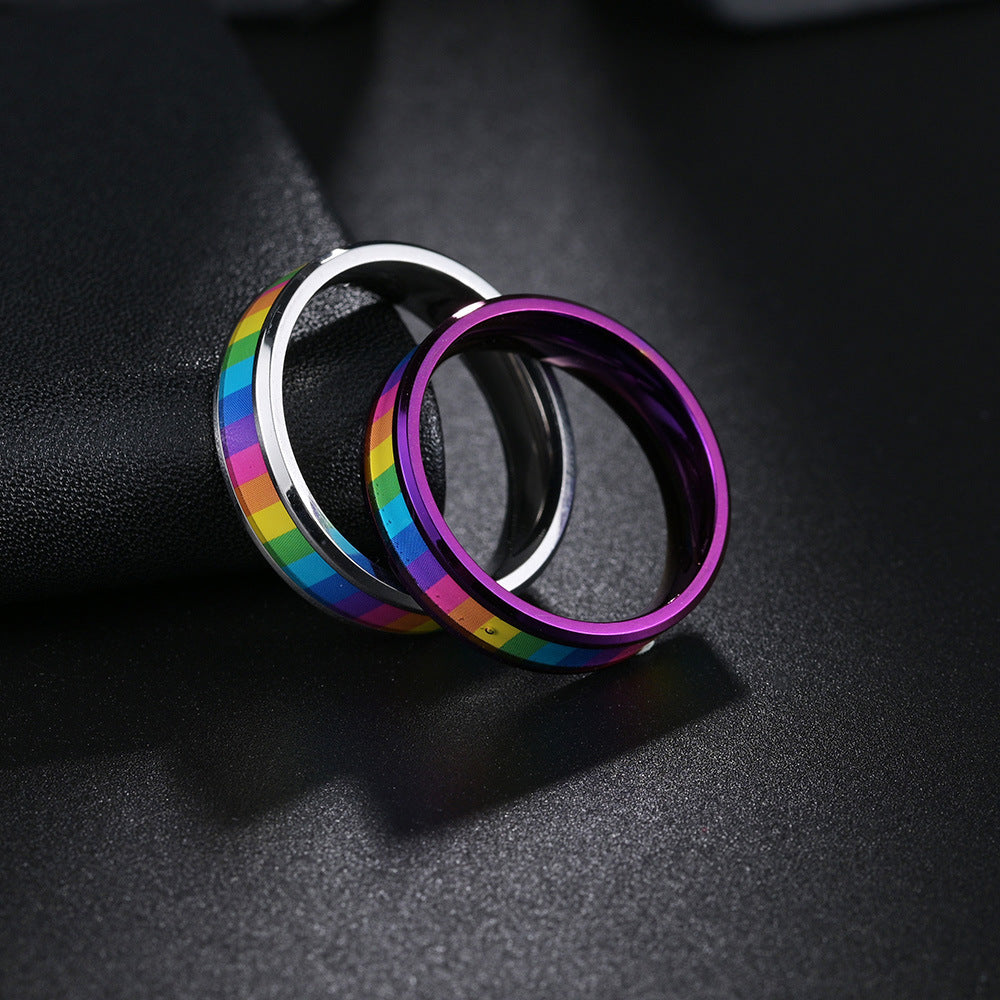 Mens Titanium Steel Rainbow Ring Geometric Electroplated Band Jewelry Silver Purple Finish 6mm Width Gift Ready