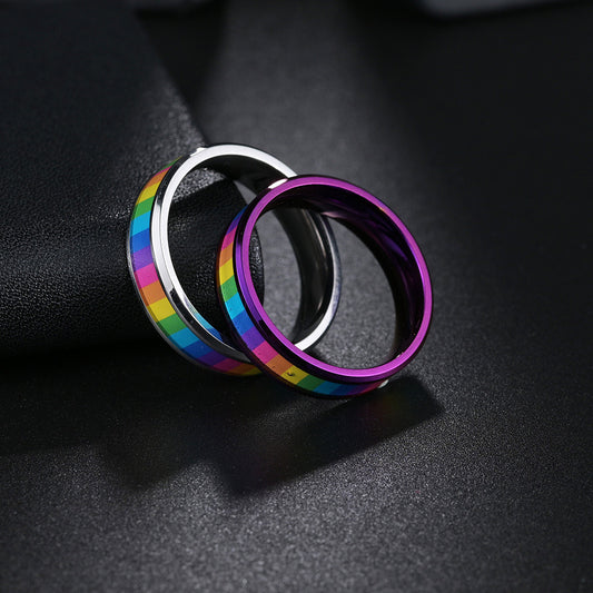 Mens Titanium Steel Rainbow Ring Geometric Electroplated Band Jewelry Silver Purple Finish 6mm Width Gift Ready