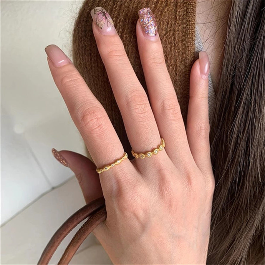 Womens Open Ring Geometric Copper Ring Electroplated With Brushed Zircon Detailing Niche Design Jewelry Crafted