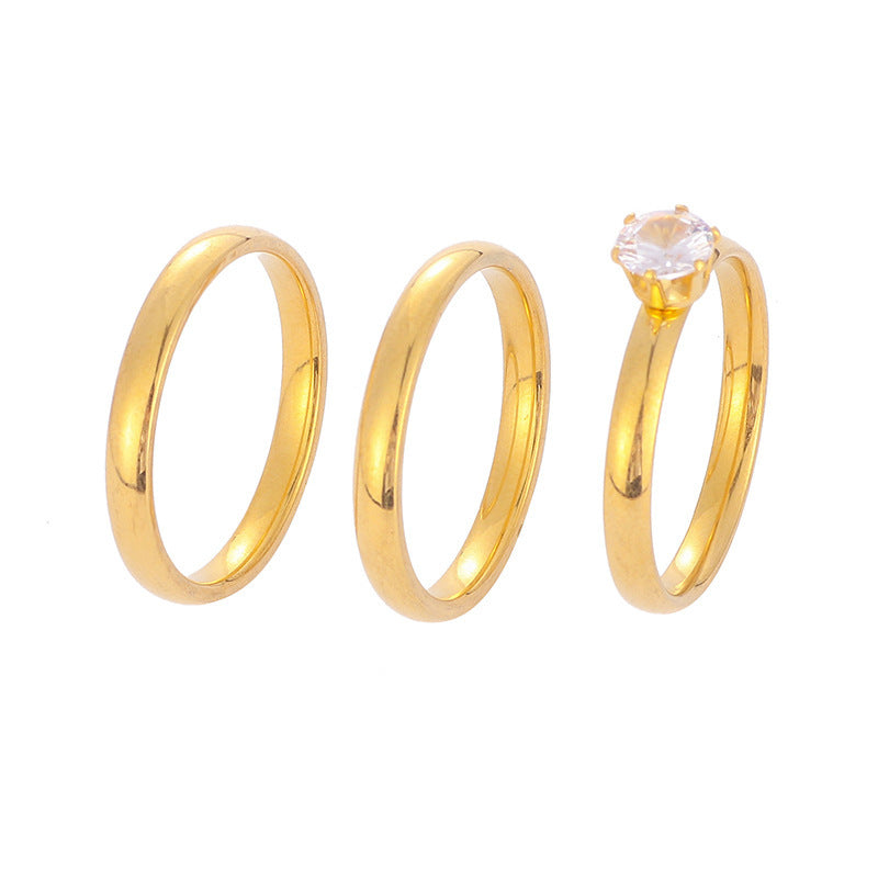 Gold Tone Stainless Ring Set Three Piece Band Diamond Cut