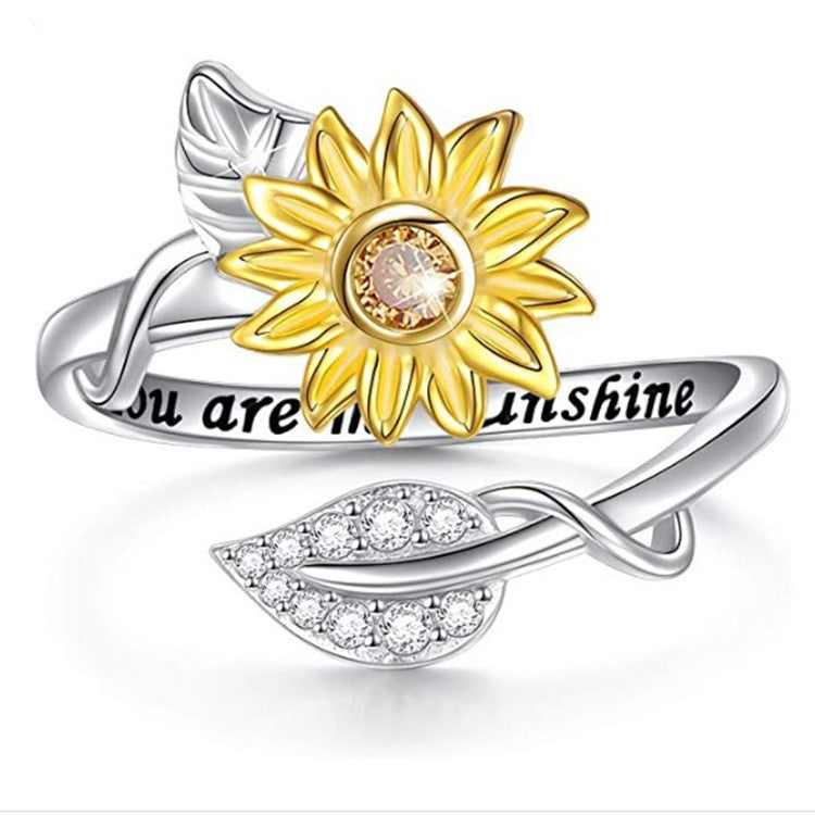 Two Tone Gold Silver Sunflower Ring Adjustable Flower Finger Ring For Women Fashion Jewelry Accessory Gift Box