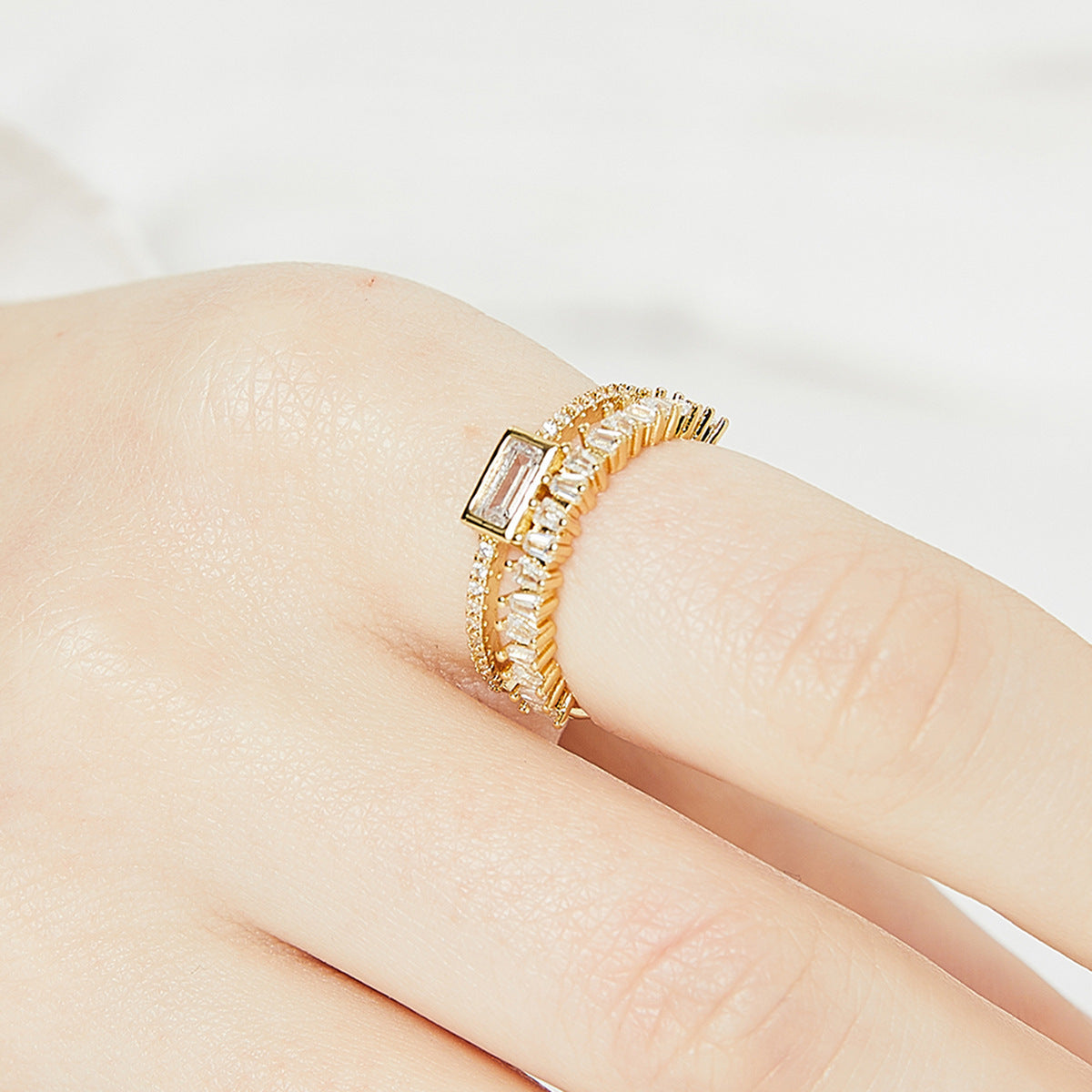 Women Geometric Double Layer Ring Zircon Copper Gold