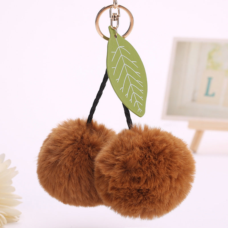 Womens Plush Cherry Keychain Cute Fruit Hair Ball Pendant Fluffy Pom Pom Handbag Charm Fashion Accessory Girls