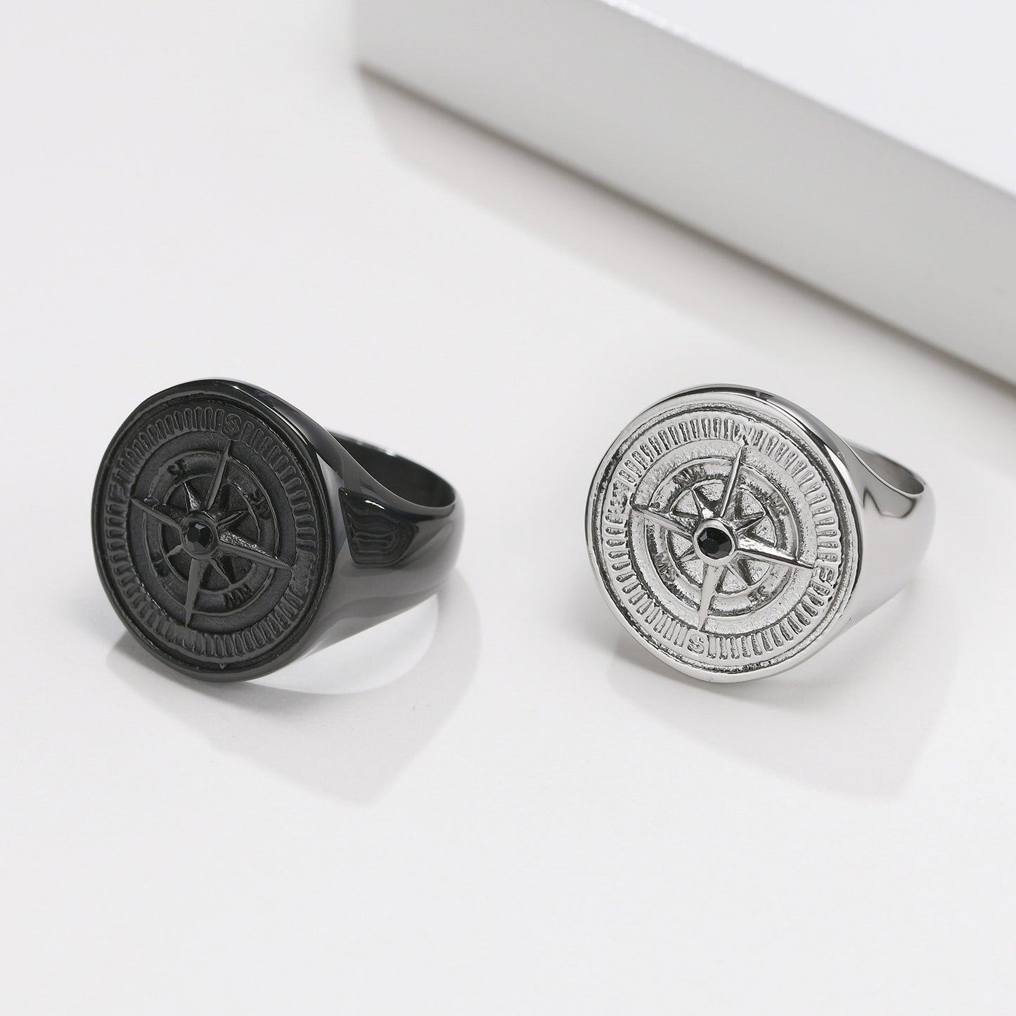 Stainless Steel Compass Ring Black Round Mens Fashion Accessory Durable Lightweight Gift Idea for Him Everyday