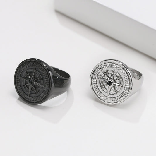 Stainless Steel Compass Ring Black Round Mens Fashion Accessory Durable Lightweight Gift Idea for Him Everyday