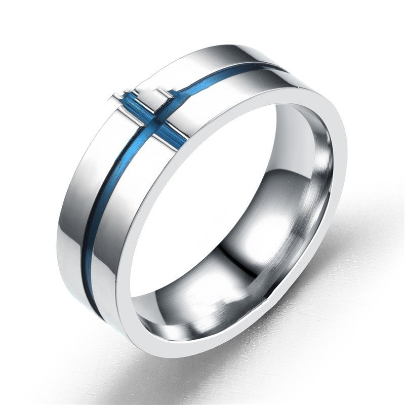 Mens Stainless Steel Ring Personalized Cross Ring Blue Religious Band Jewelry Gift For Him Boyfriend Husbandus