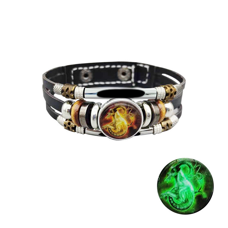 Unisex Retro Leather Bracelet Constellation Luminous Zodiac Sign Alloy Inlay Vintage Jewelry Gift Perfect Gift
