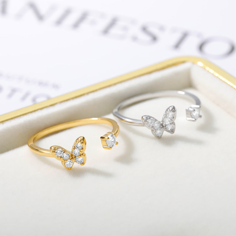 Womens Adjustable Butterfly Ring Open Copper Ring In Gold Tone Or Silver Tone Electroplated Butterfly Elements