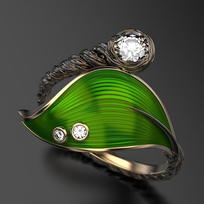 Leaf Zircon Ring For Women Adjustable Alloy Jewelry With Rattan Style Elegant Fashion Accessory Chic City Vogue