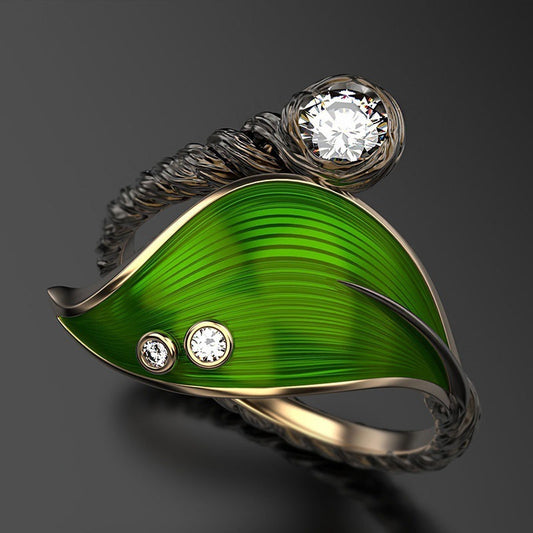 Leaf Zircon Ring For Women Adjustable Alloy Jewelry With Rattan Style Elegant Fashion Accessory Chic City Vogue