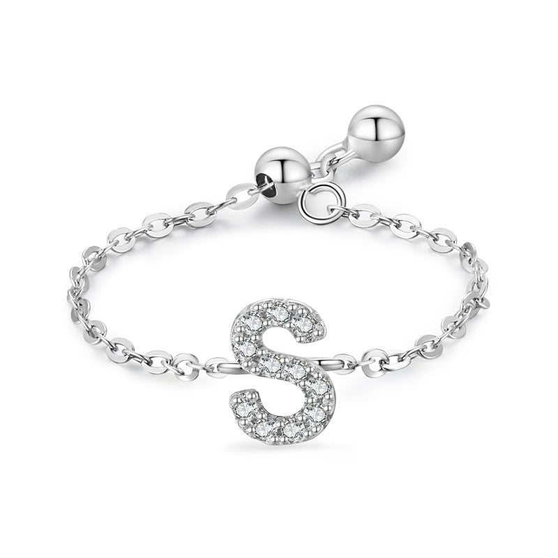 Womens Letter Chain Ring Adjustable Opening Female Fashion Ring Niche Design Love Thin Silver Jewelry English Ring